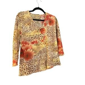 Y2K Floral & Cheetah Print Lace Top Asymmetric Hem  3/4 Sleeve Vintage